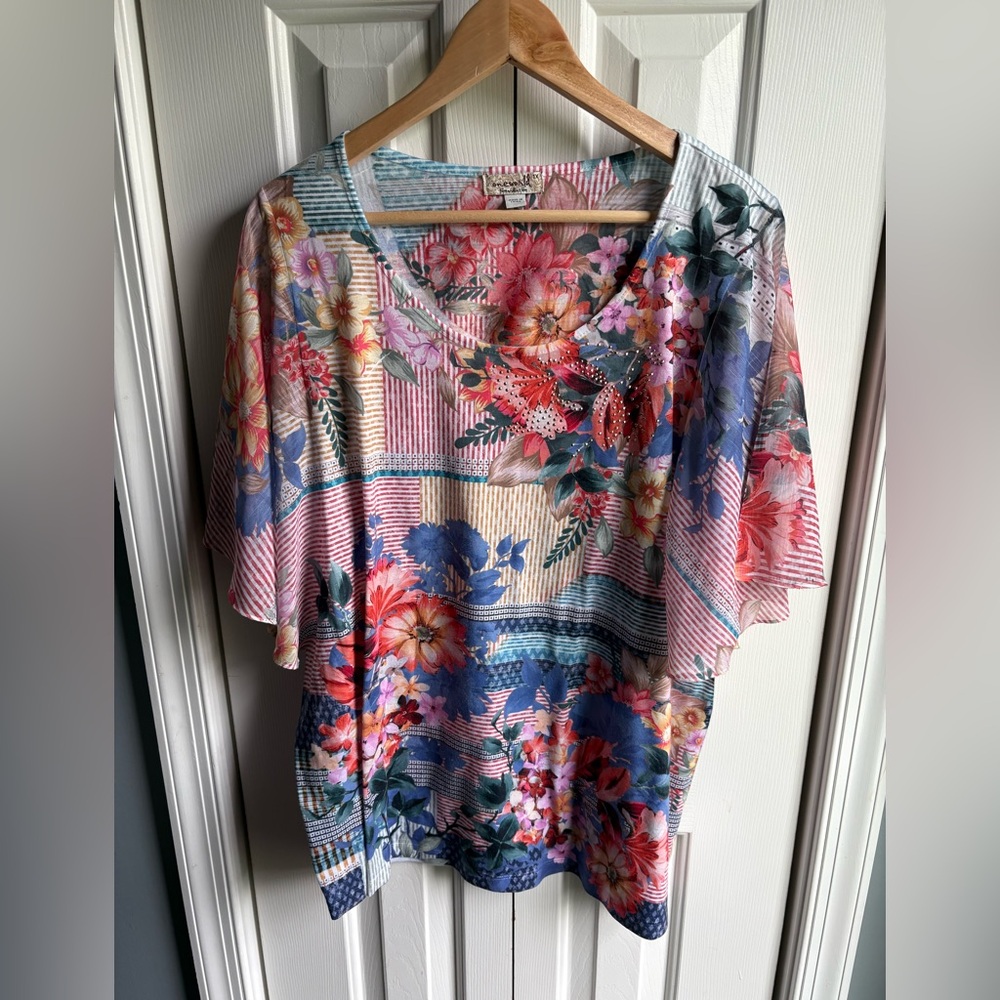 One World Womens Floral Print Short Sheer Flutter Sleeve Shirt Studded Size 1X
